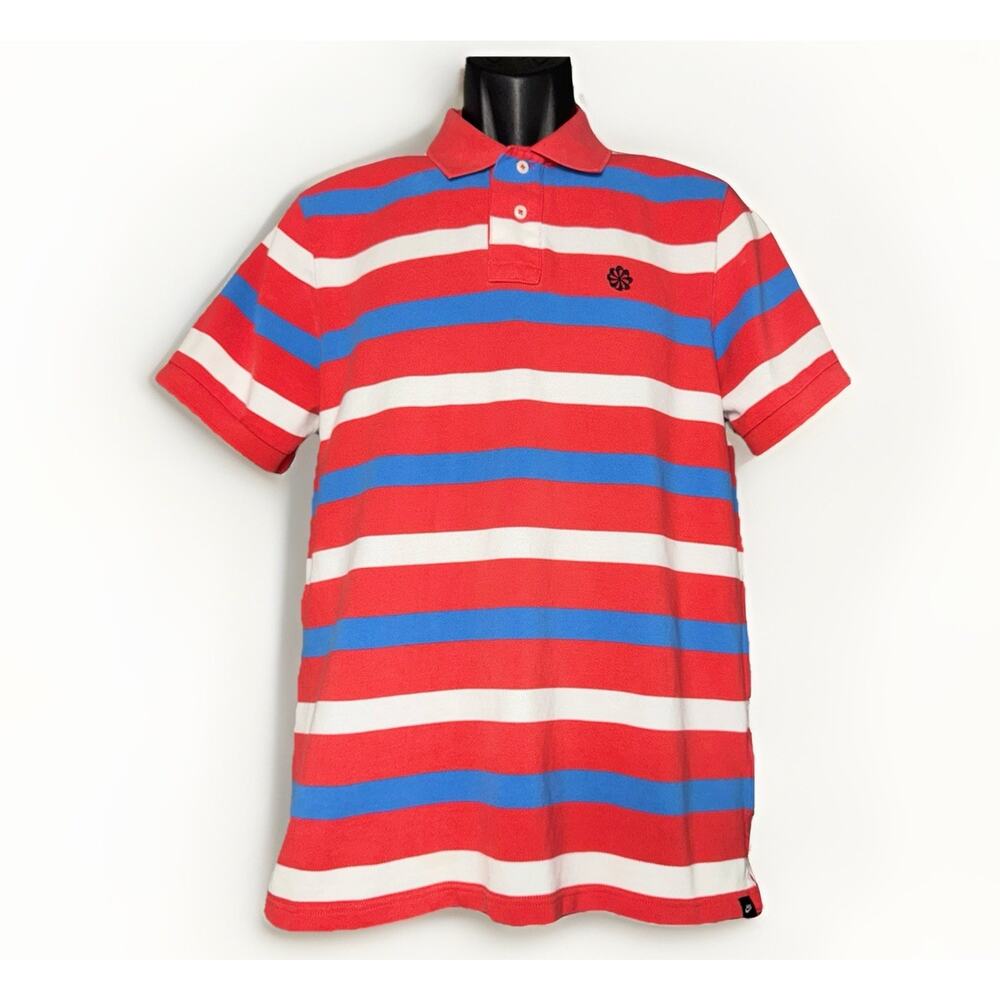Nike‎ Sportswear Men LG Red Blue White Stripe Polo Shirt Pinwheel Logo Cotton